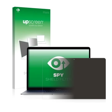 Vorderseite einer Produktverpackung mit dem Markenlogo upscreen. Daneben ist das Gerät Apple MacBook Air 13
