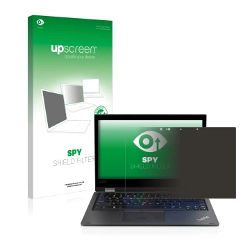 Vorderseite einer Produktverpackung mit dem Markenlogo upscreen. Daneben ist das Gerät Lenovo ThinkPad L390 Yoga mit dem zugeh