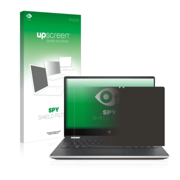 Vorderseite einer Produktverpackung mit dem Markenlogo upscreen. Daneben ist das Gerät HP Pavilion x360 (14-dhX) mit dem zugeh