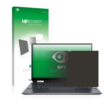 Vorderseite einer Produktverpackung mit dem Markenlogo upscreen. Daneben ist das Gerät HP Spectre x360 13-aw0000ns mit dem zug