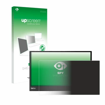 Vorderseite einer Produktverpackung mit dem Markenlogo upscreen. Daneben ist das Gerät Lenovo ThinkVision M14 16:9 mit dem zug