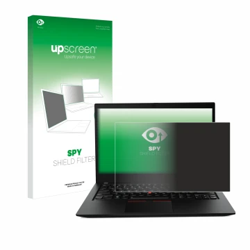 Vorderseite einer Produktverpackung mit dem Markenlogo upscreen. Daneben ist das Gerät Lenovo ThinkPad T14s Gen 1 mit dem zuge