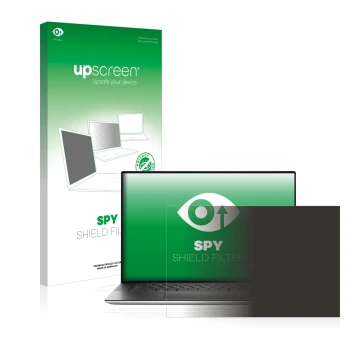 Vorderseite einer Produktverpackung mit dem Markenlogo upscreen. Daneben ist das Gerät Dell XPS 15 9500 mit dem zugehörigen Di
