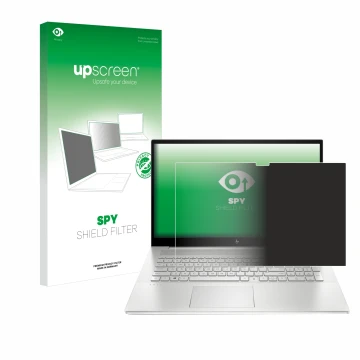 Vorderseite einer Produktverpackung mit dem Markenlogo upscreen. Daneben ist das Gerät HP Envy 17-cX mit dem zugehörigen Displ