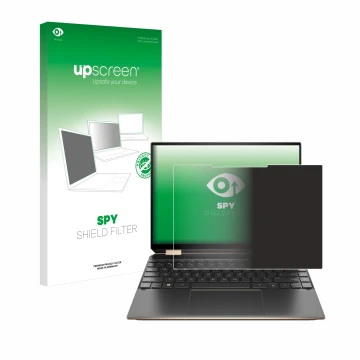 Vorderseite einer Produktverpackung mit dem Markenlogo upscreen. Daneben ist das Gerät HP Spectre x360 (14-eX) 2021 mit dem zu