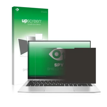 Vorderseite einer Produktverpackung mit dem Markenlogo upscreen. Daneben ist das Gerät HP Elitebook x360 1040 G7 mit dem zugeh