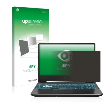 Vorderseite einer Produktverpackung mit dem Markenlogo upscreen. Daneben ist das Gerät ASUS TUF Gaming A15 mit dem zugehörigen