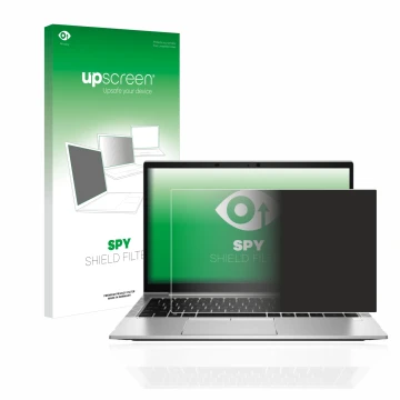 Vorderseite einer Produktverpackung mit dem Markenlogo upscreen. Daneben ist das Gerät HP EliteBook 840 G8 mit dem zugehörigen
