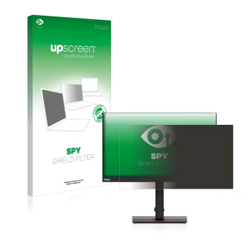 Vorderseite einer Produktverpackung mit dem Markenlogo upscreen. Daneben ist das Gerät Lenovo ThinkVision T24i-2L mit dem zuge