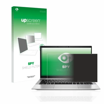 Vorderseite einer Produktverpackung mit dem Markenlogo upscreen. Daneben ist das Gerät HP EliteBook 830 G8 mit dem zugehörigen