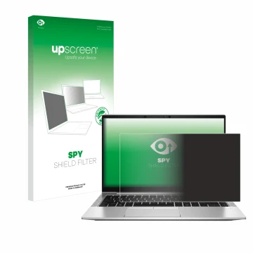 Vorderseite einer Produktverpackung mit dem Markenlogo upscreen. Daneben ist das Gerät HP EliteBook 845 G8 mit dem zugehörigen