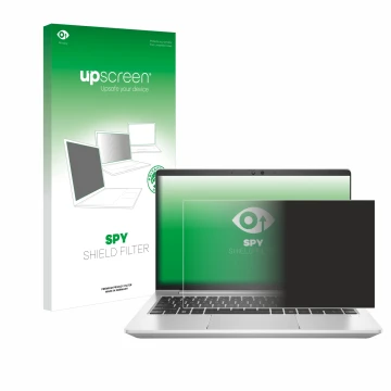 Vorderseite einer Produktverpackung mit dem Markenlogo upscreen. Daneben ist das Gerät HP EliteBook 645 G9 mit dem zugehörigen