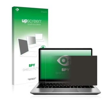 Vorderseite einer Produktverpackung mit dem Markenlogo upscreen. Daneben ist das Gerät HP ProBook 640 G8 mit dem zugehörigen D
