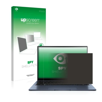 Vorderseite einer Produktverpackung mit dem Markenlogo upscreen. Daneben ist das Gerät ASUS ZenBook S13 OLED mit dem zugehörig