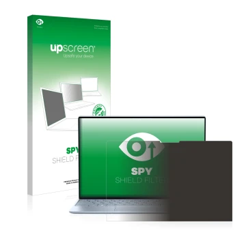 Vorderseite einer Produktverpackung mit dem Markenlogo upscreen. Daneben ist das Gerät Dell XPS 13 9315 Touch mit dem zugehöri