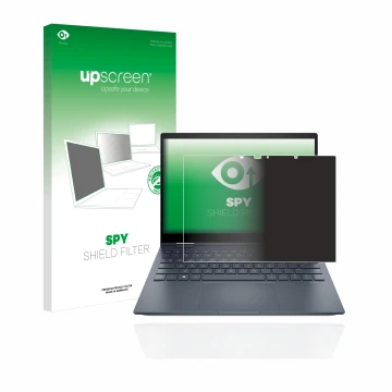 Vorderseite einer Produktverpackung mit dem Markenlogo upscreen. Daneben ist das Gerät HP Envy x360 13-bfxxx mit dem zugehörig