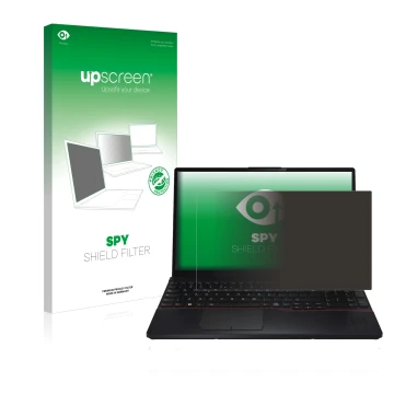 Vorderseite einer Produktverpackung mit dem Markenlogo upscreen. Daneben ist das Gerät Fujitsu Lifebook E5512 mit dem zugehöri