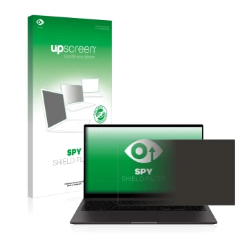 Vorderseite einer Produktverpackung mit dem Markenlogo upscreen. Daneben ist das Gerät Samsung Galaxy Book2 15.6