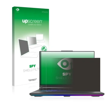 Vorderseite einer Produktverpackung mit dem Markenlogo upscreen. Daneben ist das Gerät ASUS ROG Strix G18 G814 2023 mit dem zu