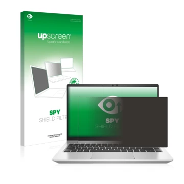 Vorderseite einer Produktverpackung mit dem Markenlogo upscreen. Daneben ist das Gerät HP ProBook 445 G8 mit dem zugehörigen D