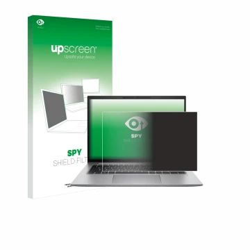 Vorderseite einer Produktverpackung mit dem Markenlogo upscreen. Daneben ist das Gerät HP Zbook Firefly 14 G9 mit dem zugehöri