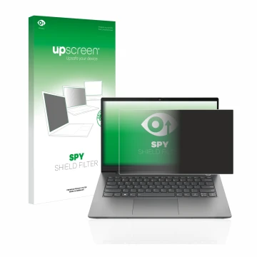 Vorderseite einer Produktverpackung mit dem Markenlogo upscreen. Daneben ist das Gerät Lenovo ThinkBook 14 Gen 4 mit dem zugeh
