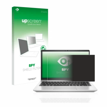 Vorderseite einer Produktverpackung mit dem Markenlogo upscreen. Daneben ist das Gerät HP EliteBook 640 G9 mit dem zugehörigen