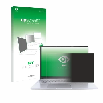 Vorderseite einer Produktverpackung mit dem Markenlogo upscreen. Daneben ist das Gerät ASUS Vivobook 16 M1605 mit dem zugehöri