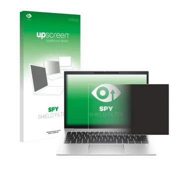 Vorderseite einer Produktverpackung mit dem Markenlogo upscreen. Daneben ist das Gerät HP EliteBook 835 G10 mit dem zugehörige