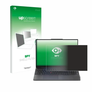 Vorderseite einer Produktverpackung mit dem Markenlogo upscreen. Daneben ist das Gerät Lenovo ThinkPad E16 Gen 1 mit dem zugeh