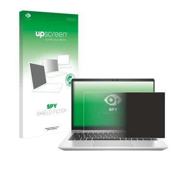 Vorderseite einer Produktverpackung mit dem Markenlogo upscreen. Daneben ist das Gerät HP EliteBook 645 G10 mit dem zugehörige