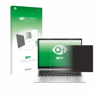 Vorderseite einer Produktverpackung mit dem Markenlogo upscreen. Daneben ist das Gerät HP EliteBook 830 G10 Laptop-PC mit dem 