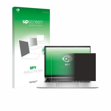 Vorderseite einer Produktverpackung mit dem Markenlogo upscreen. Daneben ist das Gerät HP EliteBook 845 G10 mit dem zugehörige