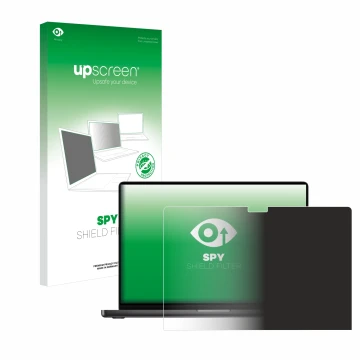 Vorderseite einer Produktverpackung mit dem Markenlogo upscreen. Daneben ist das Gerät Apple MacBook Pro 16