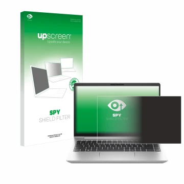 Vorderseite einer Produktverpackung mit dem Markenlogo upscreen. Daneben ist das Gerät HP ProBook 445 G10 mit dem zugehörigen 