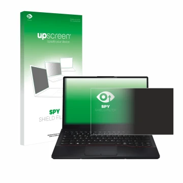 Vorderseite einer Produktverpackung mit dem Markenlogo upscreen. Daneben ist das Gerät Fujitsu Lifebook E5412 mit dem zugehöri