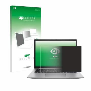 Vorderseite einer Produktverpackung mit dem Markenlogo upscreen. Daneben ist das Gerät HP Zbook Firefly 14 G10 mit dem zugehör