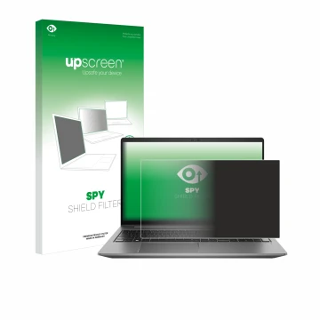 Vorderseite einer Produktverpackung mit dem Markenlogo upscreen. Daneben ist das Gerät HP Zbook Power 15 G10 mit dem zugehörig