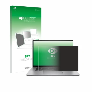 Vorderseite einer Produktverpackung mit dem Markenlogo upscreen. Daneben ist das Gerät HP Zbook Studio 16 G10 mit dem zugehöri