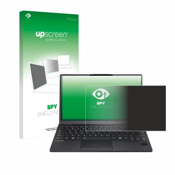 Vorderseite einer Produktverpackung mit dem Markenlogo upscreen. Daneben ist das Gerät Fujitsu Lifebook U9312 mit dem zugehöri