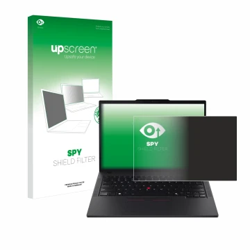Vorderseite einer Produktverpackung mit dem Markenlogo upscreen. Daneben ist das Gerät Lenovo ThinkPad T14s Gen 5 mit dem zuge