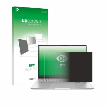 Vorderseite einer Produktverpackung mit dem Markenlogo upscreen. Daneben ist das Gerät ASUS Vivobook S 14 OLED M5406 mit dem z