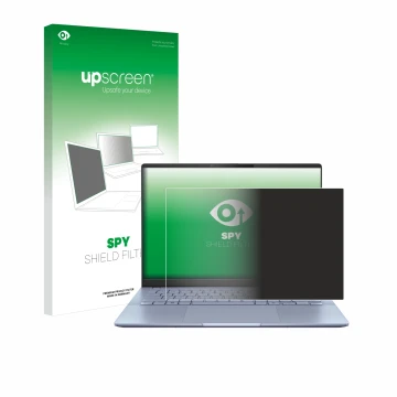 Vorderseite einer Produktverpackung mit dem Markenlogo upscreen. Daneben ist das Gerät ASUS Vivobook S 14 OLED S5406 mit dem z
