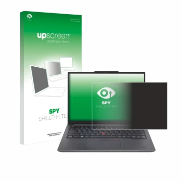 Vorderseite einer Produktverpackung mit dem Markenlogo upscreen. Daneben ist das Gerät Lenovo ThinkPad E14 Gen 6 mit dem zugeh