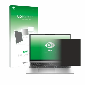 Vorderseite einer Produktverpackung mit dem Markenlogo upscreen. Daneben ist das Gerät HP EliteBook 845 G11 mit dem zugehörige
