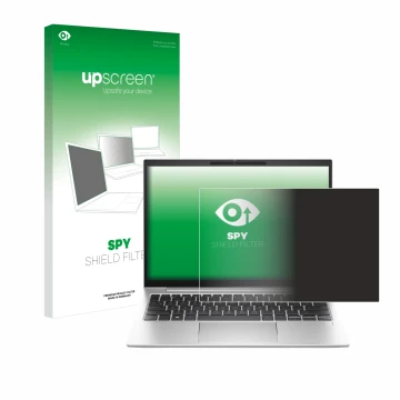 Vorderseite einer Produktverpackung mit dem Markenlogo upscreen. Daneben ist das Gerät HP EliteBook 830 G11 mit dem zugehörige