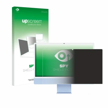 Vorderseite einer Produktverpackung mit dem Markenlogo upscreen. Daneben ist das Gerät Apple iMac 24