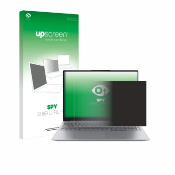 Vorderseite einer Produktverpackung mit dem Markenlogo upscreen. Daneben ist das Gerät Lenovo ThinkBook 16 Gen 8 mit dem zugeh