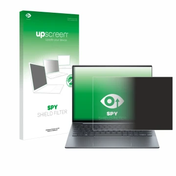 Vorderseite einer Produktverpackung mit dem Markenlogo upscreen. Daneben ist das Gerät HP Dragonfly 13.5