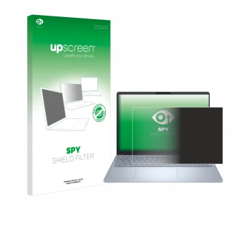 Vorderseite einer Produktverpackung mit dem Markenlogo upscreen. Daneben ist das Gerät Dell 16 Plus Laptop mit dem zugehörigen